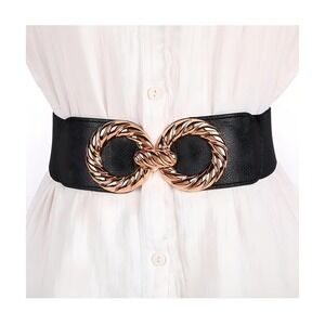 Womens Black Elastic Wide Waist Belt Gold Interlocking Circle Buckle